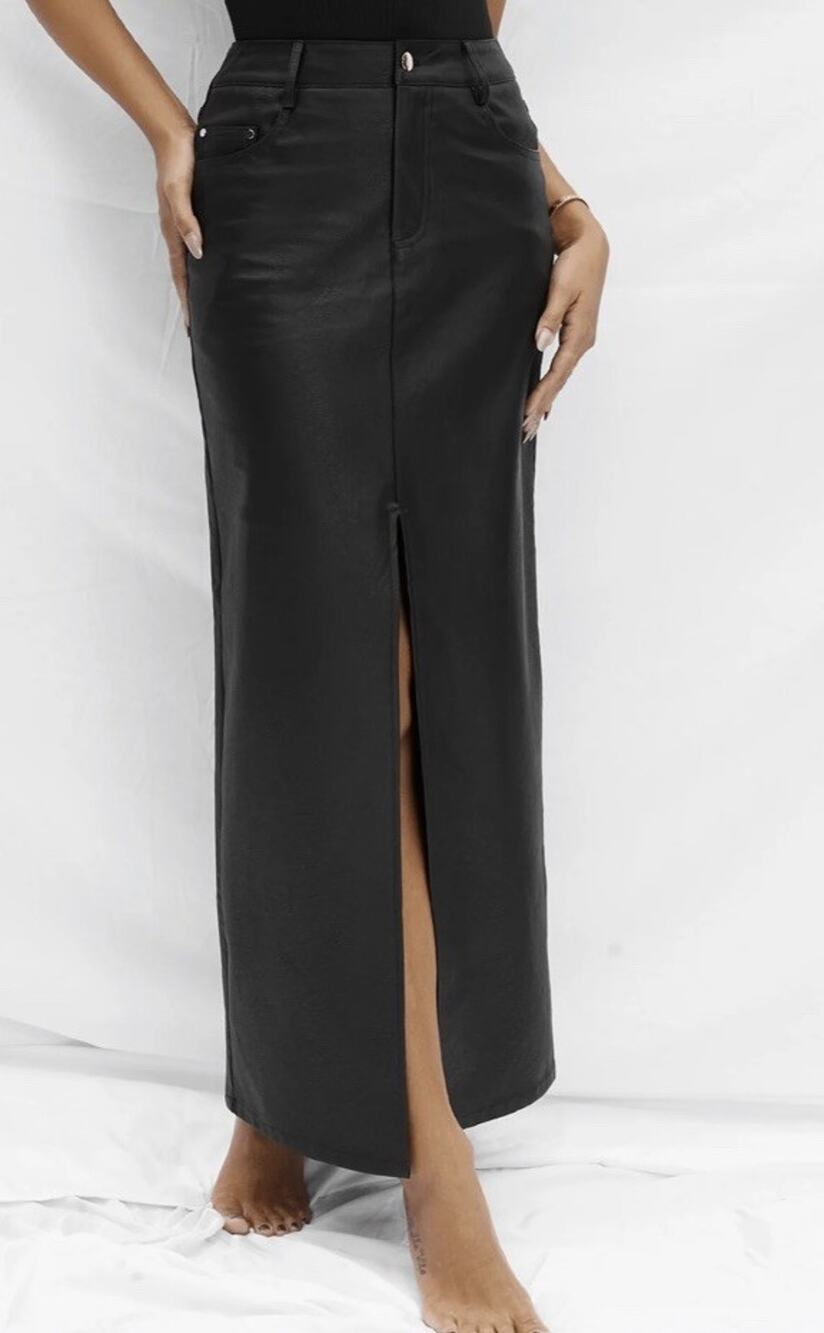 All Things Golden ATG Pebbled, Vegan Leather Maxi Skirt Black Sz Medium NWT